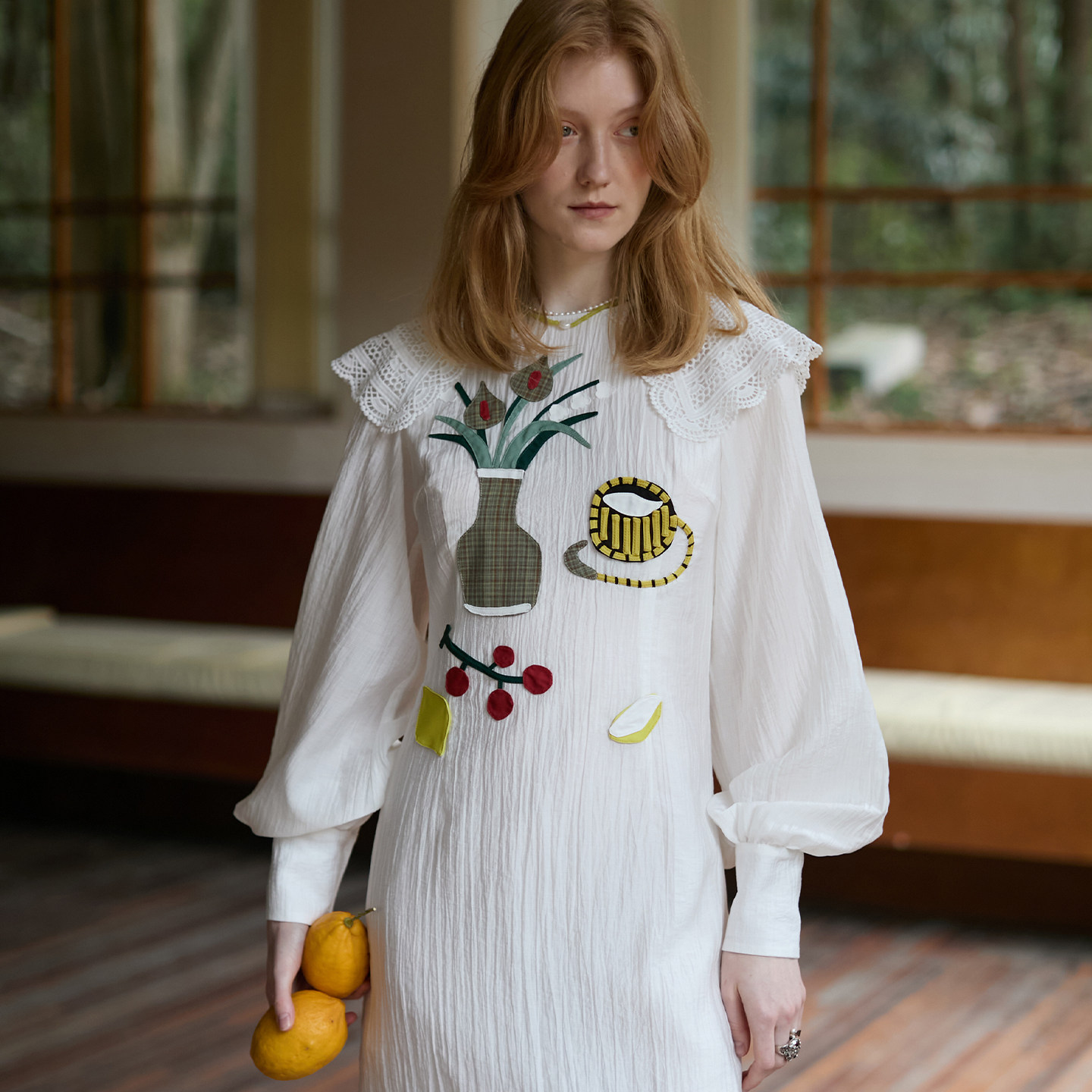 XUNRUO熏若 设计师品牌 法式花卉贴布长袖连衣裙 独立原创设计