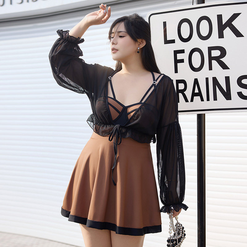 韩版纯欲风性感开衫长袖防晒裙式连体平角加肥大码200斤温泉泳衣