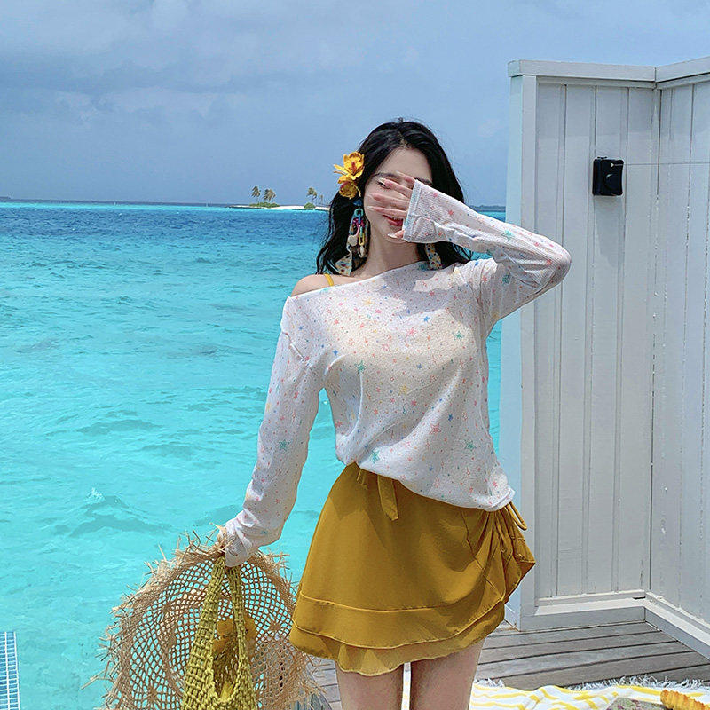 高级感性感泳衣女大码分体四件套多巴胺长袖宽松罩衫胖mm遮肉显瘦