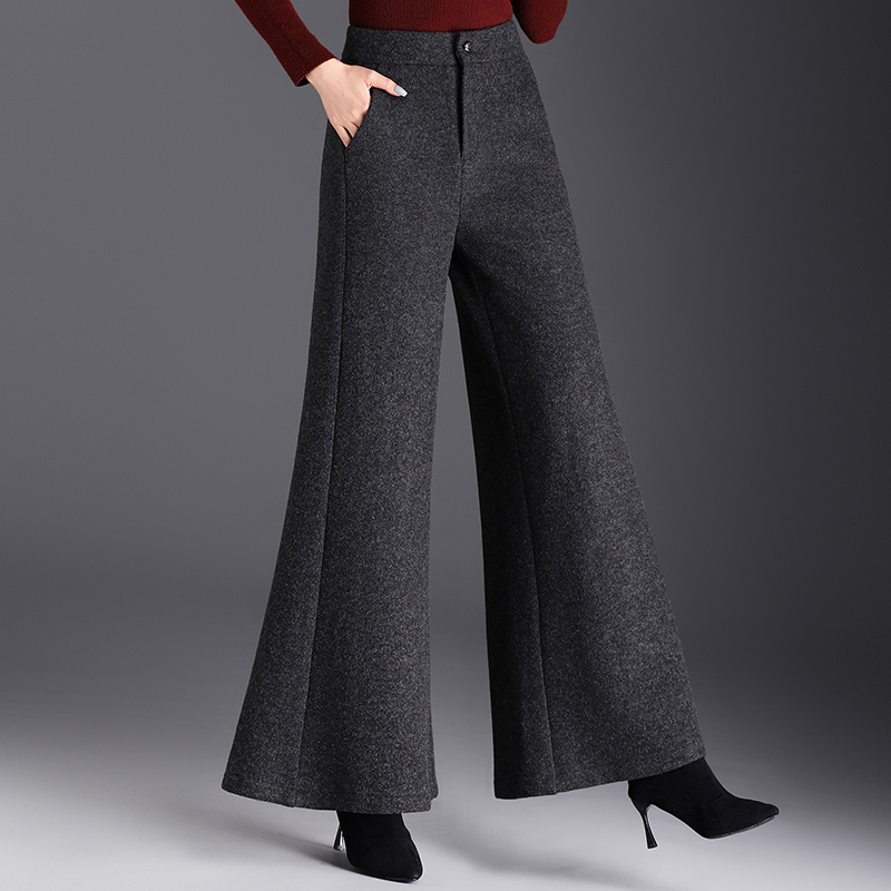 羊毛呢侧拼接喇叭裤大脚裤