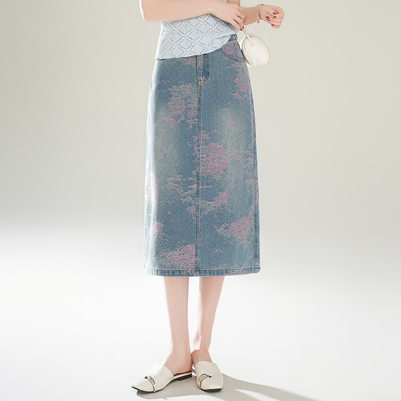 牛仔提花半身裙女中长款高腰拉链显瘦遮胯后开叉小字牛仔裙半身裙,女装/女士精品,半身裙,淘宝优惠券,粉丝福利购,淘宝优惠卷