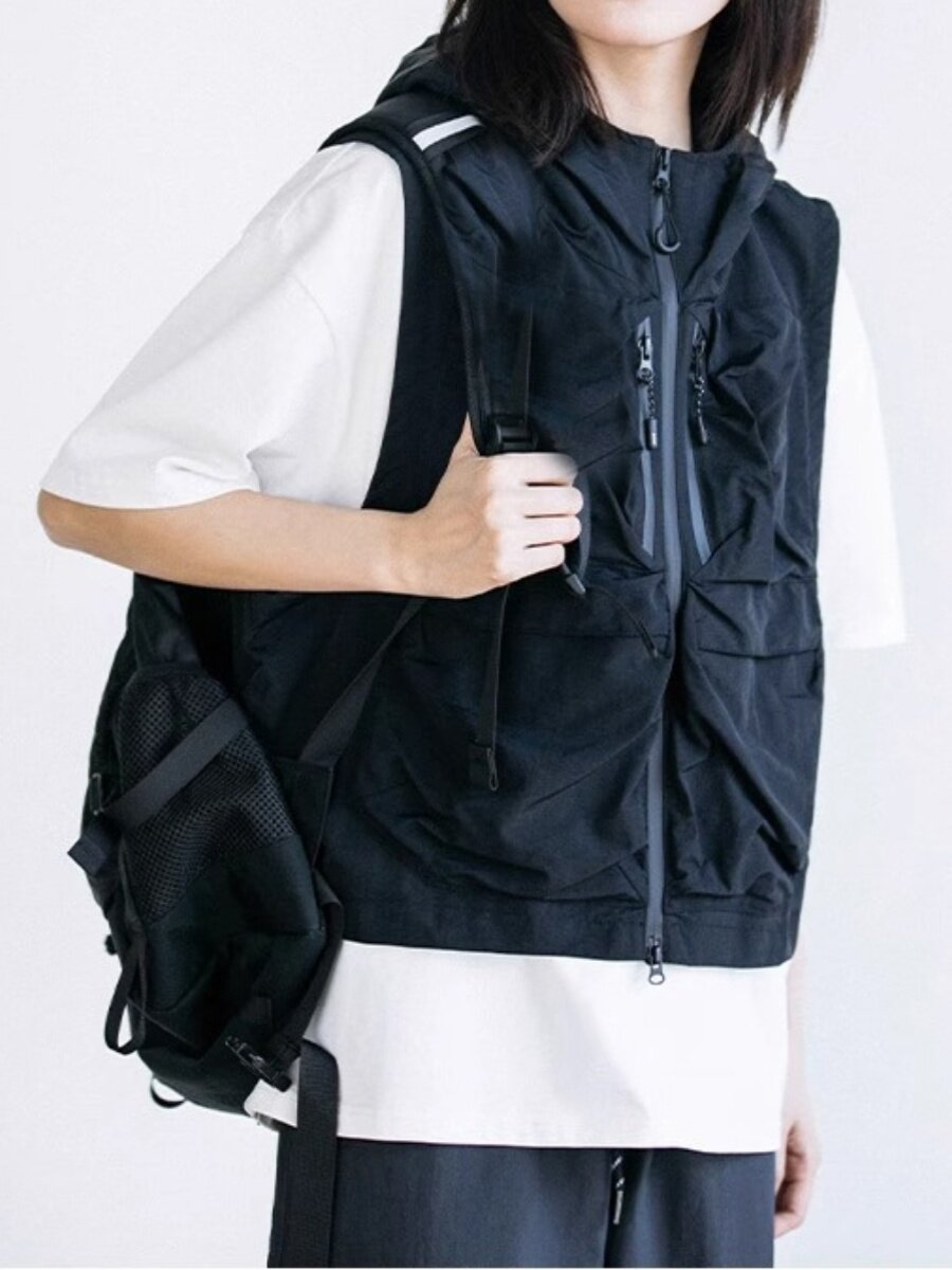 JAPANESE DARK STYLE CITYBOY OVERALLS RETRO TACTICAL SHOULDERS MENS FUNCTIONAL STYLE MULTI-POCKET HOODED FASHION VEST