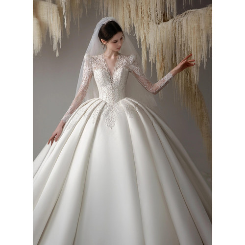 法式缎面主婚纱长袖大拖尾结婚女