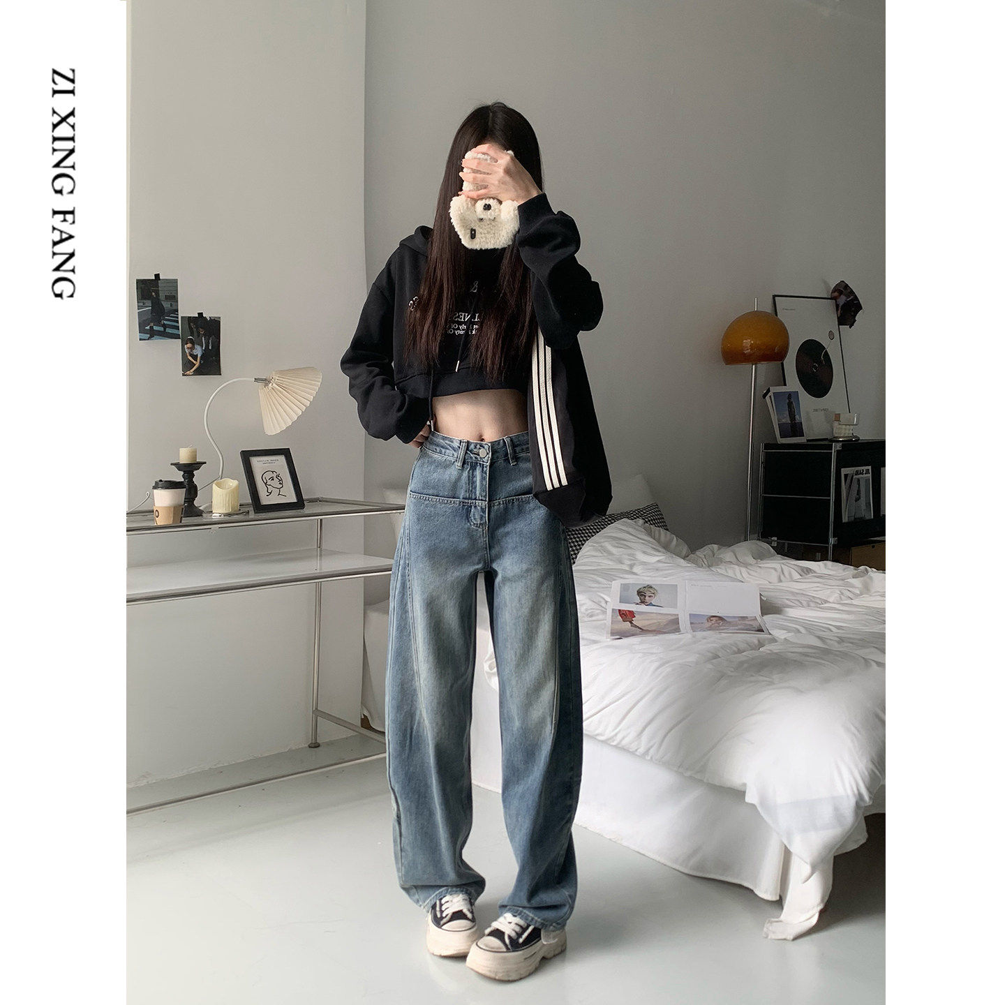 美式蓝色阔腿牛仔裤女202