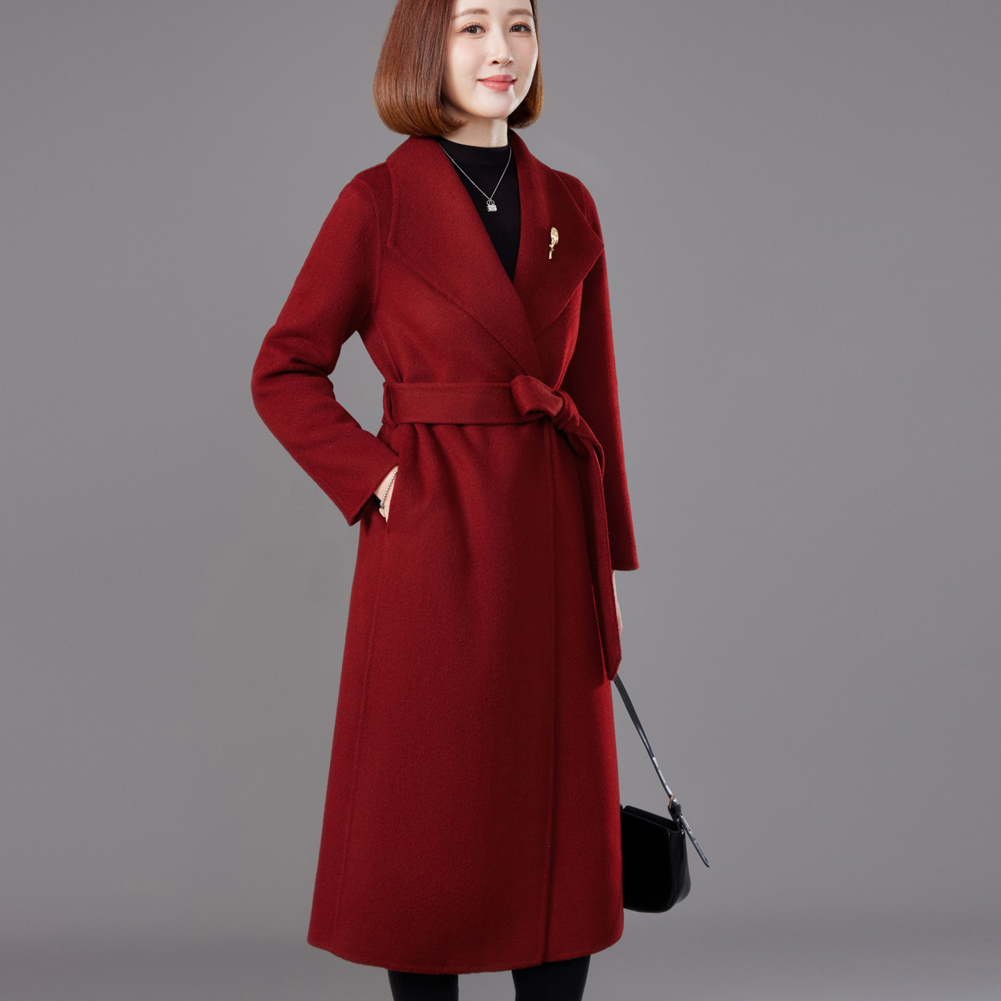 喜婆婆高端婚宴长款双面呢大衣女秋冬中年妈妈洋气红色羊毛呢外套
