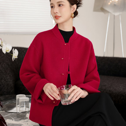 国风妈妈装红色双面呢大衣女短款新中式喜婆婆婚宴冬装羊毛呢外套