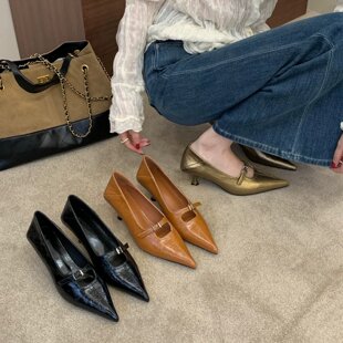 COLORED BEAN MONTH 法式复古风尖头细跟玛丽珍鞋女浅口单鞋通勤