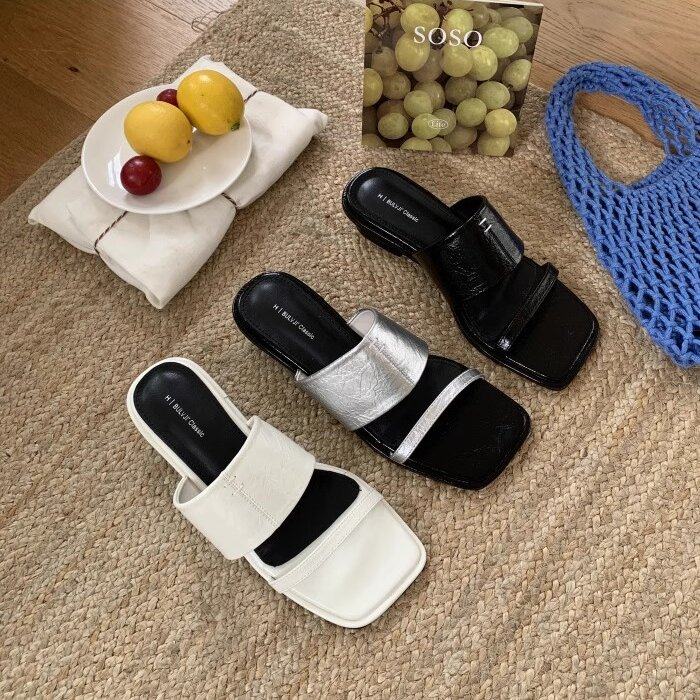 BULVJI 复古方头露趾粗跟一字拖鞋女法式简约通勤百搭舒适凉拖鞋,女鞋,一字拖,淘宝优惠券,粉丝福利购,淘宝优惠卷