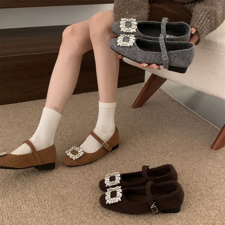 OKLEIBO莱宝秋冬新款百搭方头水钻毛呢玛丽珍鞋女加绒平底小单鞋