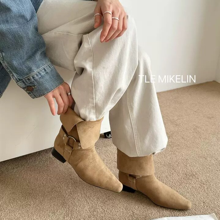 2025年秋季新款法式复古低跟方头两穿翻领西部牛仔靴女时尚皮带扣