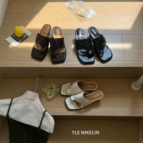 TLEMIKELIN港风复古气质方头套趾细跟凉拖鞋通勤百搭小猫跟拖鞋女