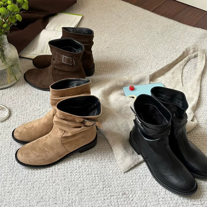 BULVJI复古时髦皮带扣褶皱堆堆靴西部牛仔靴秋冬百搭粗跟显瘦短靴