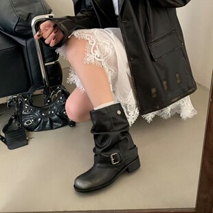 西部牛仔堆堆靴女2025年夏季新款褶皱库管短靴擦色复古粗跟骑士靴