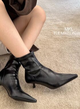 TLEMIKELIN 斩男~性感尖头细跟高跟短靴女春秋单靴弹力软皮瘦瘦靴