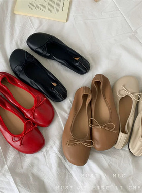 MUSI红色圆头蝴蝶结芭蕾舞鞋女2025新款新款浅口软底孕妇豆豆单鞋