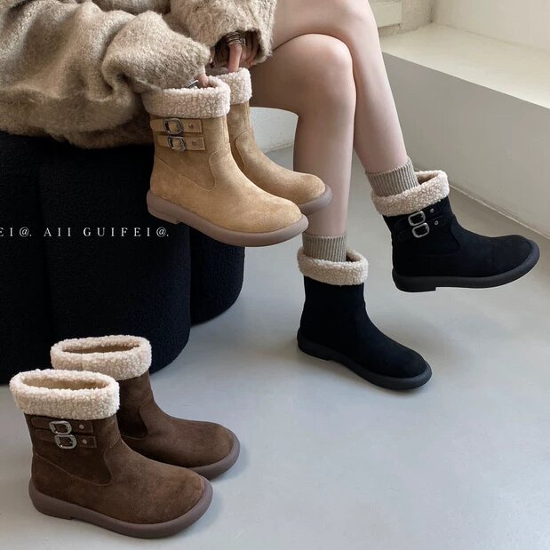 AII GUIFEI韩版厚底绒里雪地靴女2025秋季新款时尚简约短筒瘦瘦靴
