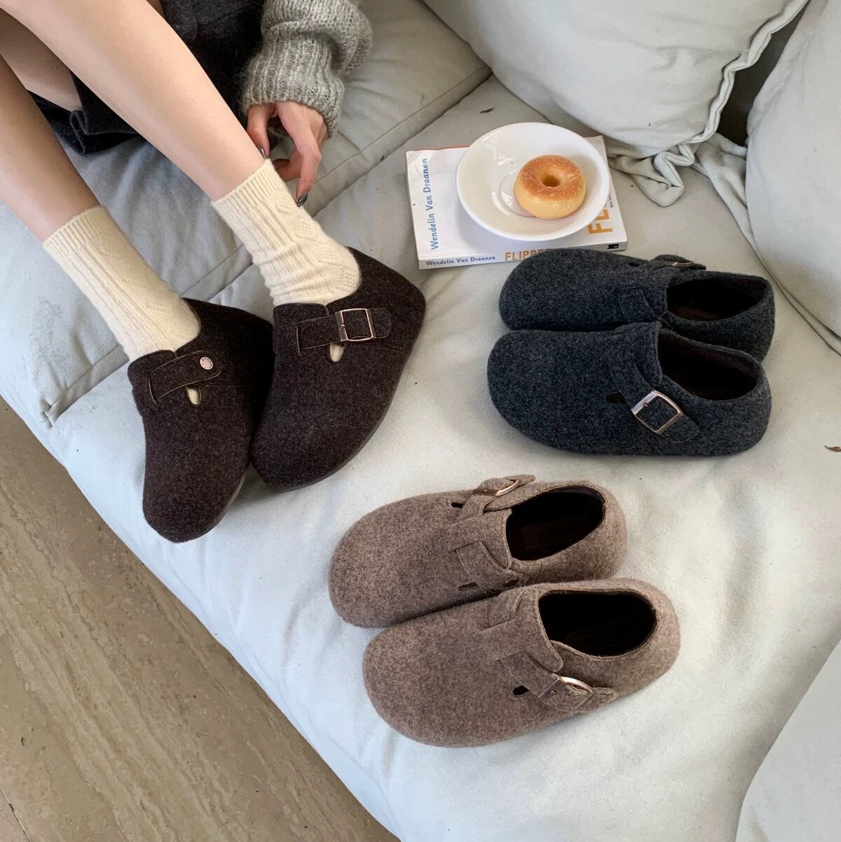 BEILIXUAN 高级灰色毛呢圆头扣带勃肯鞋女复古内增高一脚蹬乐福鞋