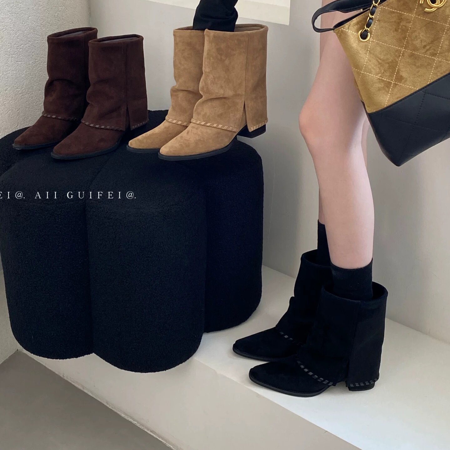 AII GUIFEI法式复古尖头粗跟瘦瘦靴女2025秋季新款时尚短筒裤管靴