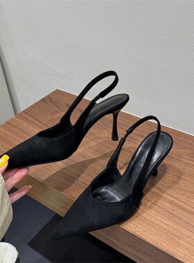 后空单鞋女绒面豹纹高跟包头凉鞋