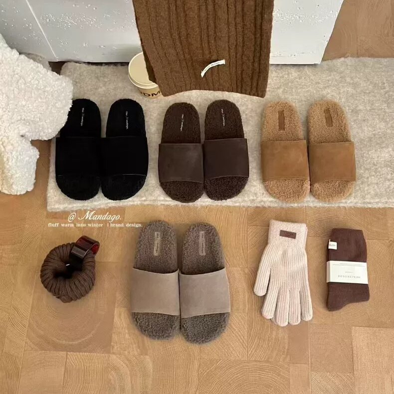THEMANDAGO芒大果 韩系懒惰风真皮羊羔毛一字拖鞋加绒保暖毛毛鞋
