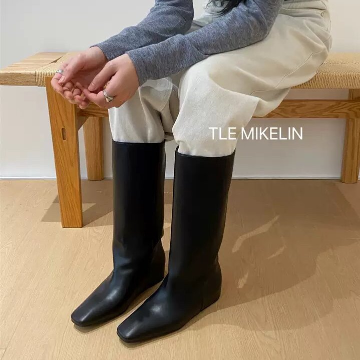 TLE MIKELIN 2025新款英伦风方头坡跟长筒靴女百搭气质显瘦骑士靴