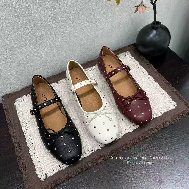 muzi 法式柳钉圆头一字带平底芭蕾舞鞋复古浅口百搭玛丽珍单鞋女