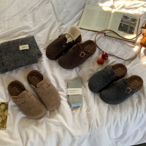 BEILIXUAN 加绒保暖毛呢勃肯拖鞋女外穿一脚蹬厚底增高包头懒人鞋