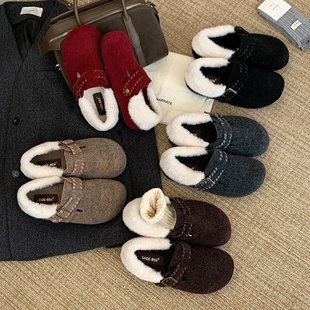 SHOEREN复古红色圆头皮带扣毛边内增高勃肯鞋加绒保暖毛毛鞋棉鞋