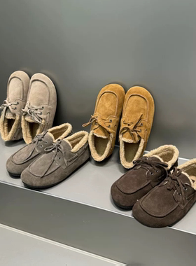 TLE MIKELIN 真皮乐福鞋女平底系带袋鼠鞋一脚蹬保暖毛毛鞋休闲鞋