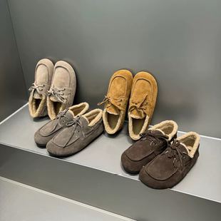 TLE MIKELIN 真皮乐福鞋女平底系带袋鼠鞋一脚蹬保暖毛毛鞋休闲鞋