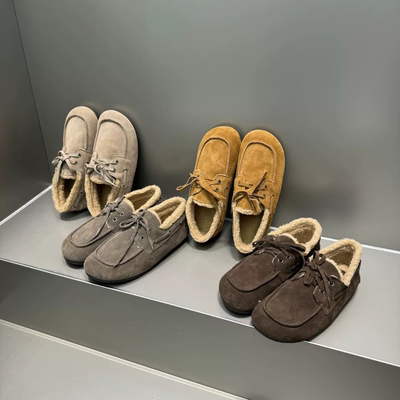 TLE MIKELIN 真皮乐福鞋女平底系带袋鼠鞋一脚蹬保暖毛毛鞋休闲鞋