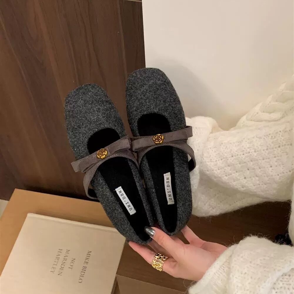 UNIDSN复古毛呢金属扣蝴蝶结玛丽珍鞋女内增高加绒保暖平底毛毛鞋