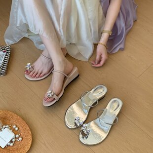 KE LI QI新法式仙女风水钻一字拖女夏季外穿坡跟凉拖鞋配裙子气质