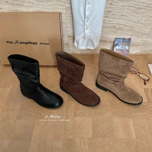 THEMANDAGO芒大果韩系褶皱堆堆短靴女圆头粗跟显瘦套筒西部牛仔靴