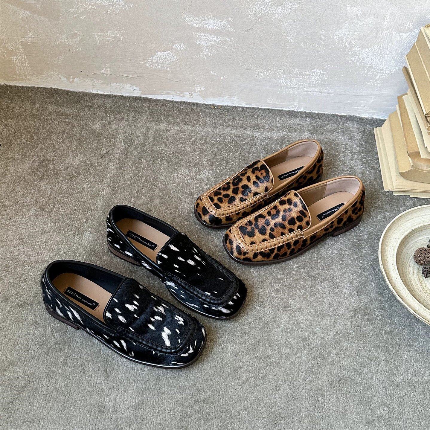 KA MI YA 韩版方头乐福鞋女2026年新款复古豹纹马毛一脚蹬豆豆鞋,女鞋,浅口单鞋,淘宝优惠券,粉丝福利购,淘宝优惠卷