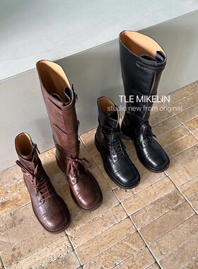 TLEMIKELIN美拉德棕高筒长筒靴女绑带真皮朋克辣妹西部牛仔骑士靴