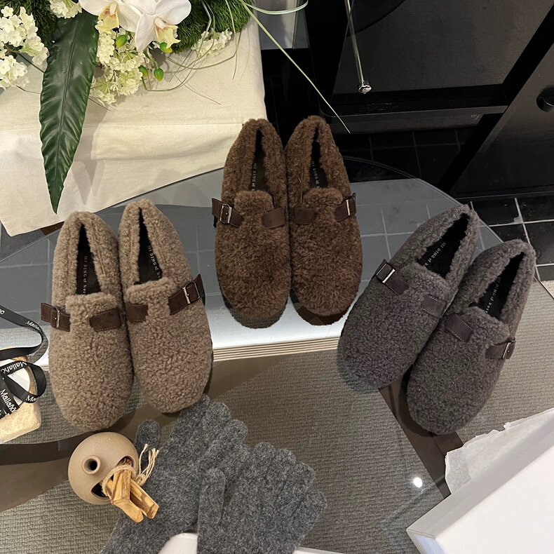 MIDING米町 复古羊羔毛皮带扣平底勃肯毛毛鞋女秋冬百搭保暖棉鞋