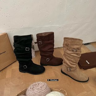 THEMANDAGO芒大果复古圆头皮带扣加绒高筒骑士靴显瘦百搭褶皱长靴