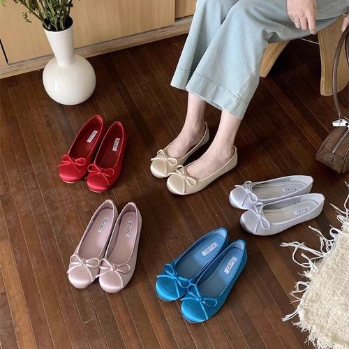 蝴蝶结圆头平底鞋软底浅口奶奶鞋
