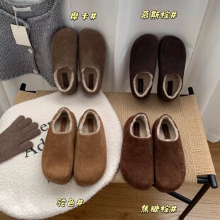 BEILIXUAN 小土豆加绒勃肯鞋2025秋冬新款真皮厚底懒人一脚蹬棉鞋