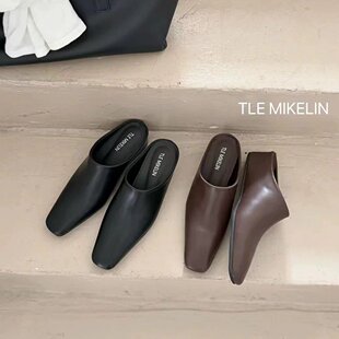 TLEMIKELIN 欧美风方头厚底内增高包头半拖鞋懒惰风百搭穆勒鞋女
