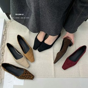 简约百搭通勤一脚蹬高跟鞋 Jinxingqi法式 气质绒面小方头粗跟单鞋