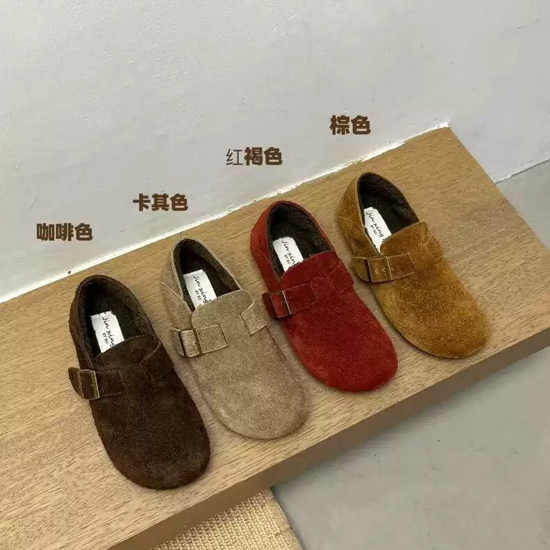 Jinxingqi长毛真皮圆头皮带扣平底勃肯鞋女冬季外穿加绒软底单鞋