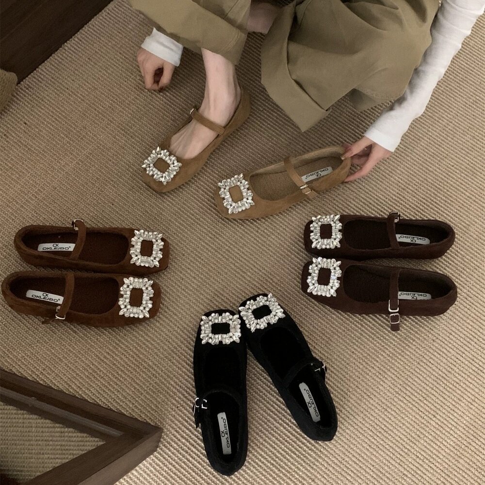 OKLEIBO莱宝 法式复古水钻方扣单鞋女秋冬加绒一字扣带玛丽珍鞋