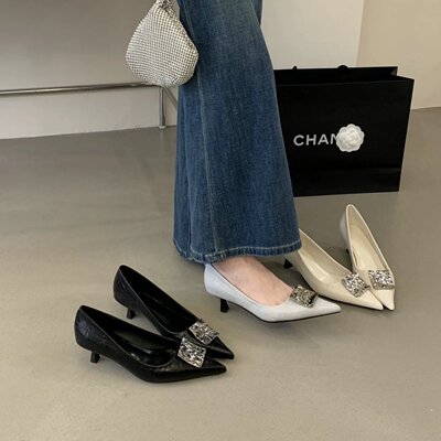 fant see 韩式尖头水钻单鞋小猫跟浅口百搭气质通勤鞋高跟鞋简约