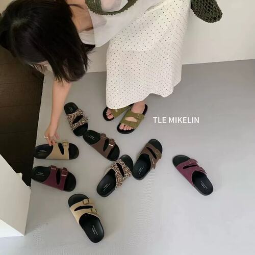 TLEMIKELIN牛皮版~复古皮带扣厚底露趾勃肯拖鞋女夏沙滩百搭凉拖