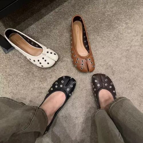 Lamode设计感小众分趾芭蕾舞鞋女百搭复古时髦铆钉一脚蹬猪蹄单鞋