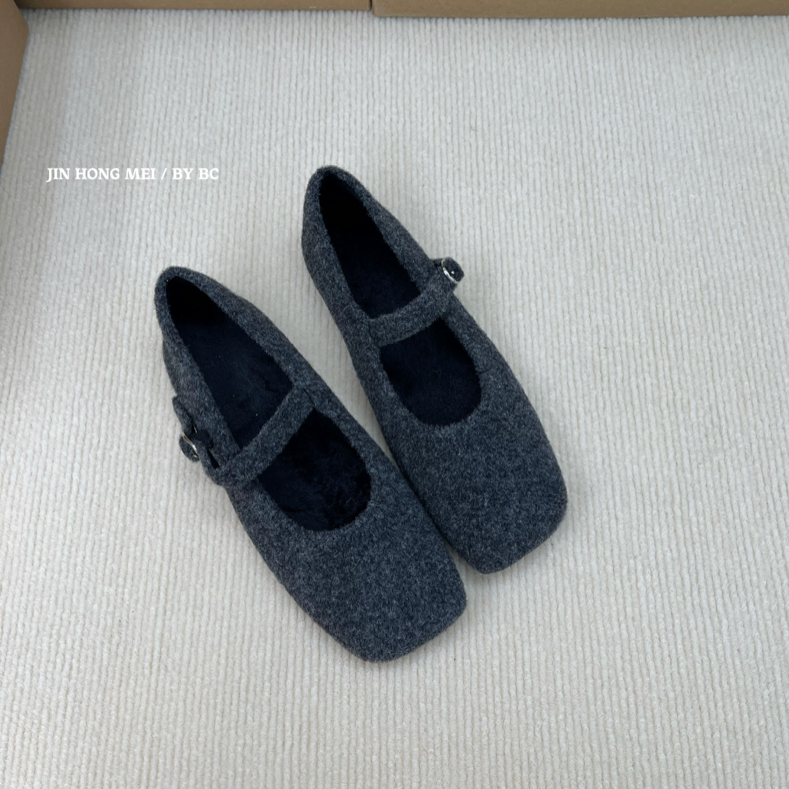 Jinxingqi 格雷系灰色毛呢方头平底玛丽珍鞋秋冬温柔风加绒毛毛鞋
