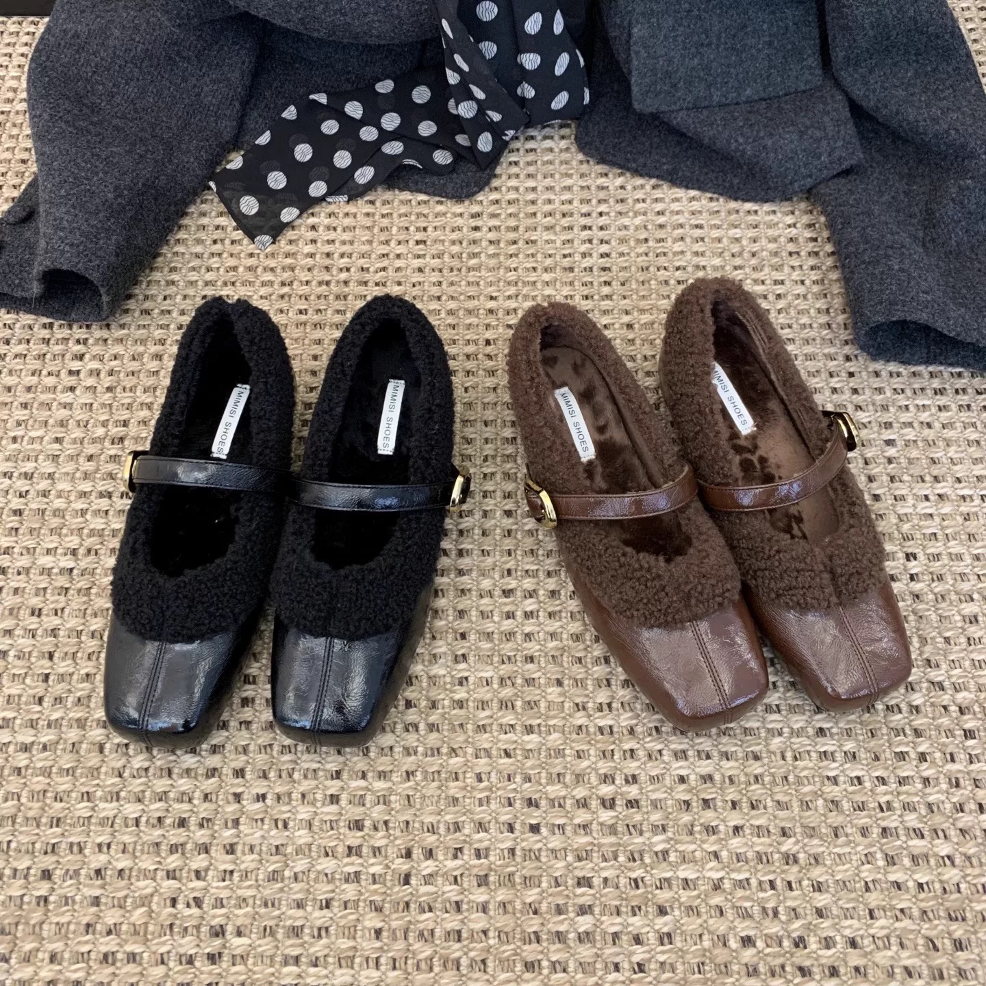 Mimisi 秋冬新款一字带方头毛绒玛丽珍鞋女气质温柔小香风毛毛鞋