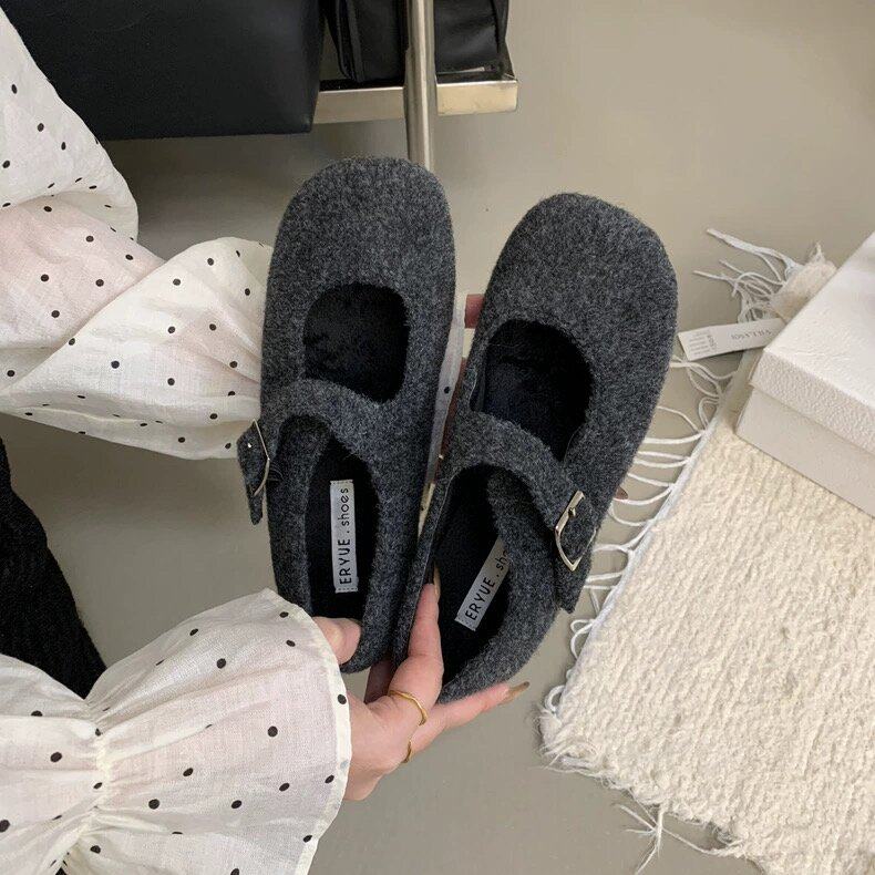 ERYUE 高级感灰色毛呢加绒单鞋女保暖棉鞋秋冬平底玛丽珍毛毛鞋,女鞋,浅口单鞋,淘宝优惠券,粉丝福利购,淘宝优惠卷